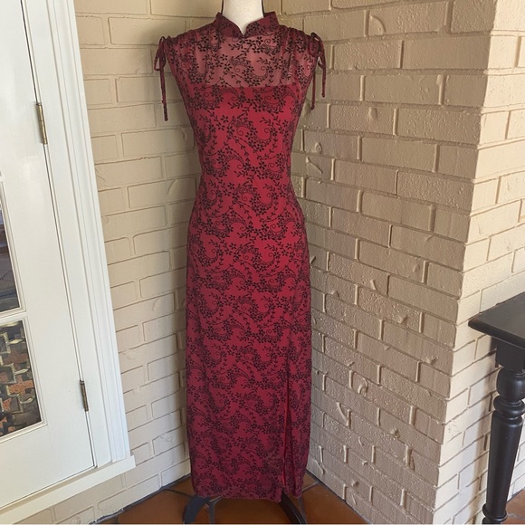 Vintage Y2K 90s Mesh Red Prom Goth Maxi Grunge Vampy Whismygoth Velvet Dress 10 - Picture 1 of 10
